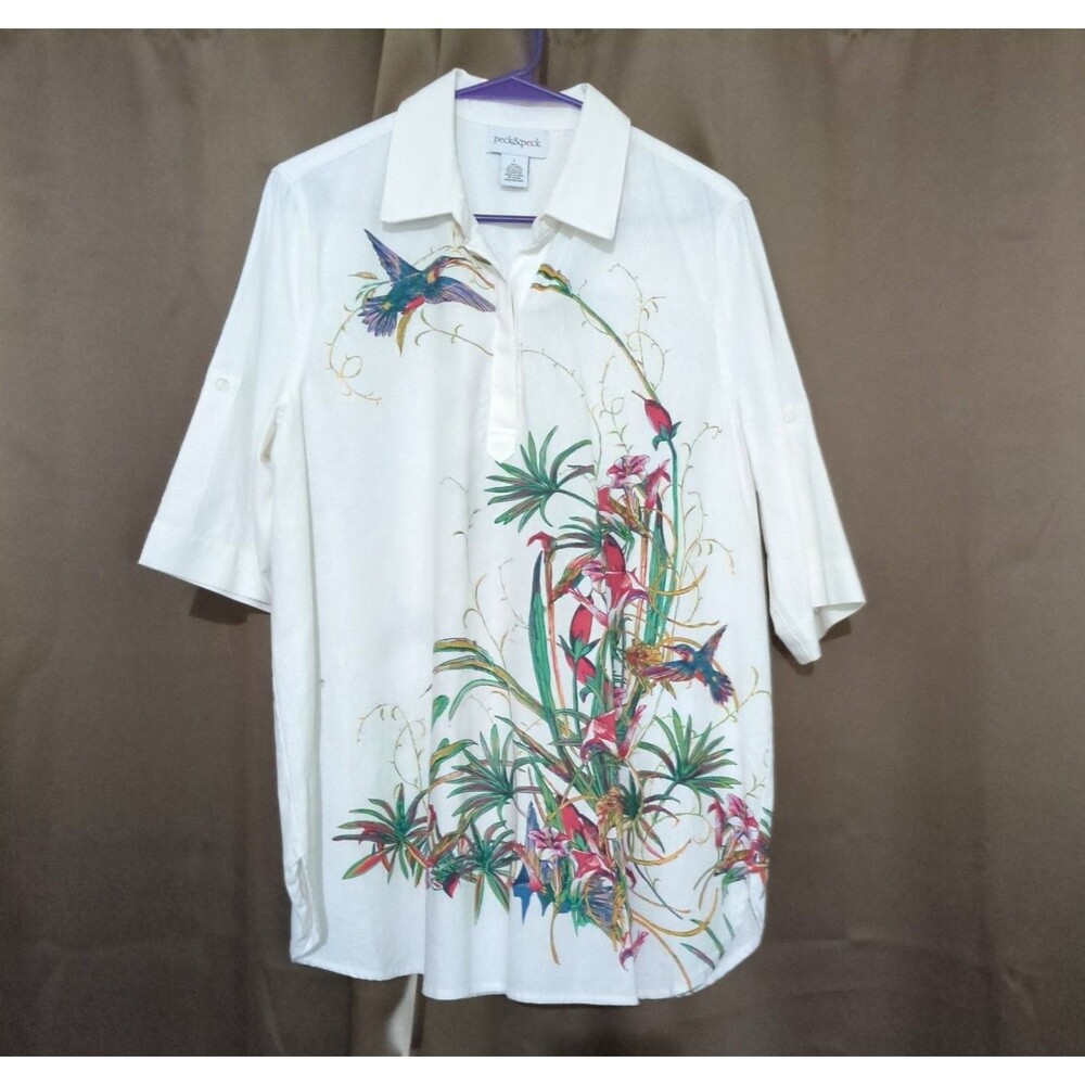Peck & Peck White Floral Hummingbird Print Linen Cotton Top L